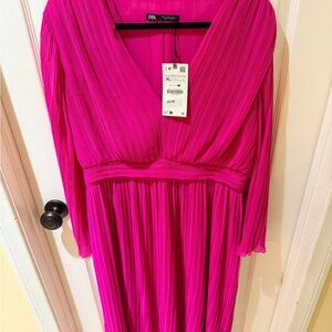 Zara Bright Fuchsia Pleated V-Neck Long Sleeve Maxi Dress